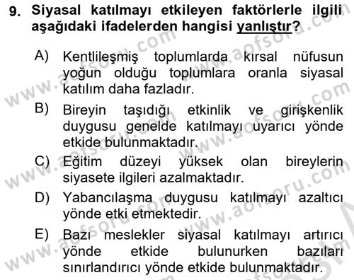 Siyaset Bilimi Dersi 2020 - 2021 Yılı Yaz Okulu Sınav Soruları 9. Soru