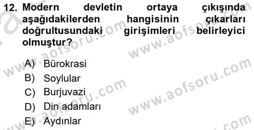 Siyaset Bilimi Dersi 2021 - 2022 Yılı (Vize) Ara Sınav Soruları 12. Soru
