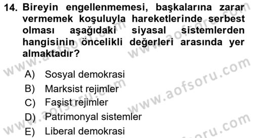 Siyaset Bilimi Dersi 2021 - 2022 Yılı (Vize) Ara Sınav Soruları 14. Soru