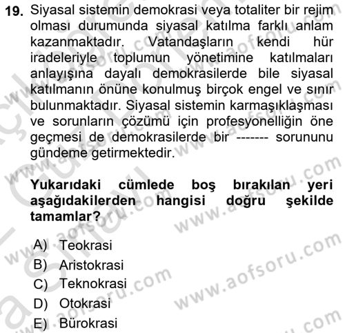 Siyaset Bilimi Dersi 2021 - 2022 Yılı (Vize) Ara Sınav Soruları 19. Soru