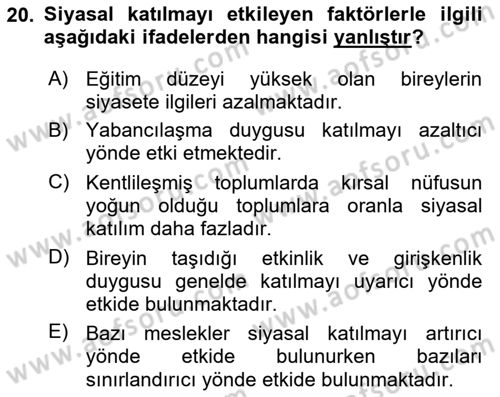 Siyaset Bilimi Dersi 2021 - 2022 Yılı (Vize) Ara Sınav Soruları 20. Soru
