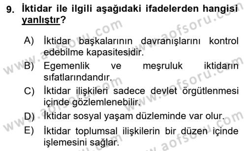Siyaset Bilimi Dersi 2021 - 2022 Yılı (Vize) Ara Sınav Soruları 9. Soru