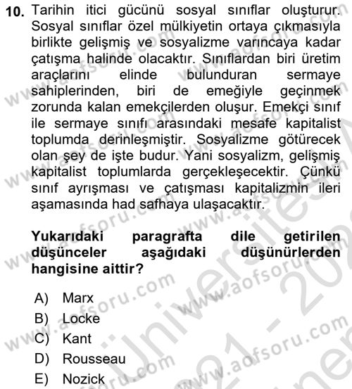 Siyaset Bilimi Dersi 2021 - 2022 Yılı (Final) Dönem Sonu Sınav Soruları 10. Soru