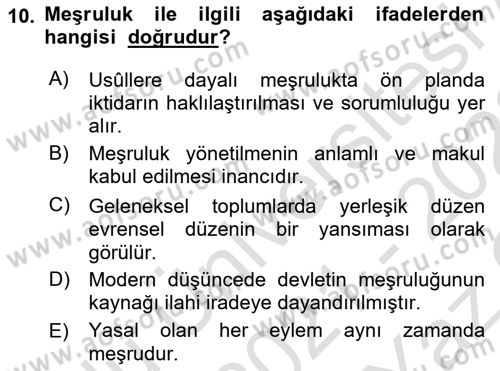 Siyaset Bilimi Dersi 2021 - 2022 Yılı Yaz Okulu Sınav Soruları 10. Soru