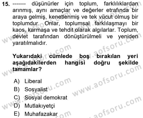 Siyaset Bilimi Dersi 2021 - 2022 Yılı Yaz Okulu Sınav Soruları 15. Soru