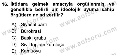 Siyaset Bilimi Dersi 2021 - 2022 Yılı Yaz Okulu Sınav Soruları 16. Soru