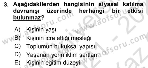 Siyaset Bilimi Dersi 2021 - 2022 Yılı Yaz Okulu Sınav Soruları 3. Soru