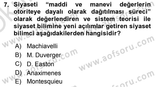 Siyaset Bilimi Dersi 2021 - 2022 Yılı Yaz Okulu Sınav Soruları 7. Soru