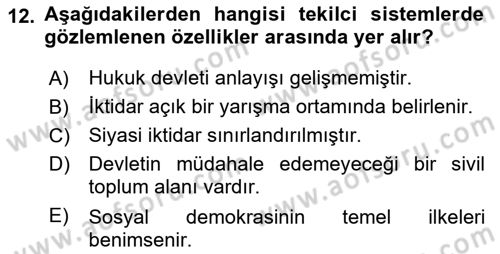 Siyaset Bilimi Dersi 2022 - 2023 Yılı (Vize) Ara Sınav Soruları 12. Soru