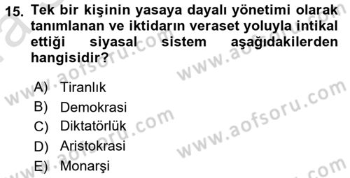 Siyaset Bilimi Dersi Ara Sınavı Deneme Sınav Soruları 15. Soru