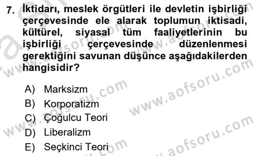 Siyaset Bilimi Dersi Ara Sınavı Deneme Sınav Soruları 7. Soru