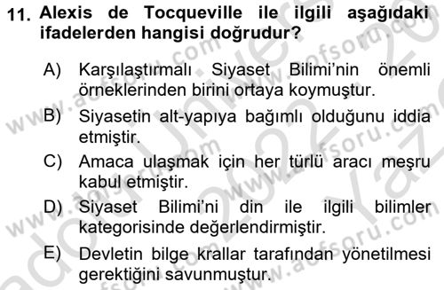 Siyaset Bilimi Dersi 2022 - 2023 Yılı Yaz Okulu Sınav Soruları 11. Soru
