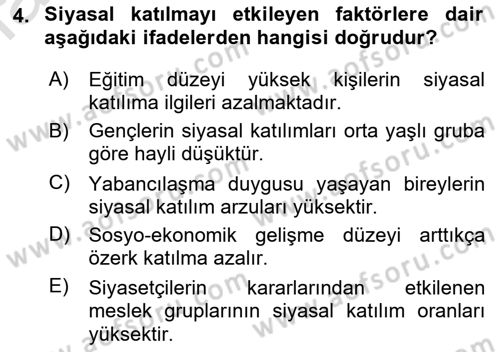 Siyaset Bilimi Dersi 2022 - 2023 Yılı Yaz Okulu Sınav Soruları 4. Soru