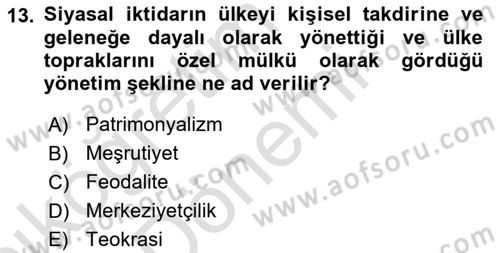 Siyaset Bilimi Dersi 2023 - 2024 Yılı (Vize) Ara Sınav Soruları 13. Soru