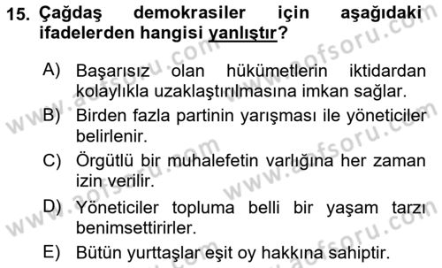 Siyaset Bilimi Dersi Ara Sınavı Deneme Sınav Soruları 15. Soru