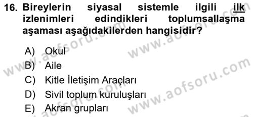 Siyaset Bilimi Dersi 2023 - 2024 Yılı (Vize) Ara Sınavı 16. Soru