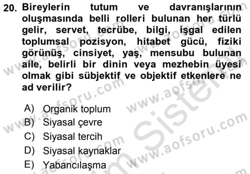 Siyaset Bilimi Dersi Ara Sınavı Deneme Sınav Soruları 20. Soru