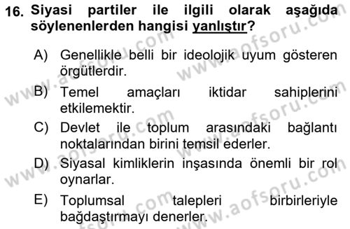 Siyaset Bilimi Dersi 2023 - 2024 Yılı (Final) Dönem Sonu Sınav Soruları 16. Soru