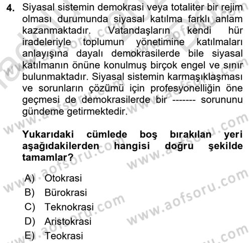 Siyaset Bilimi Dersi 2023 - 2024 Yılı (Final) Dönem Sonu Sınav Soruları 4. Soru