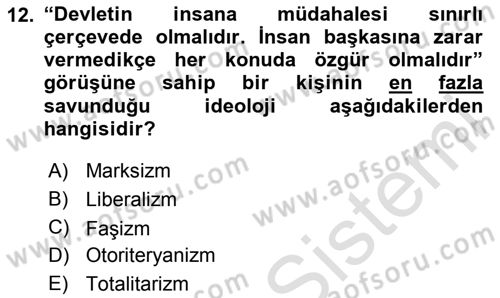 Siyaset Bilimi Dersi 2023 - 2024 Yılı Yaz Okulu Sınav Soruları 12. Soru