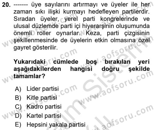 Siyaset Bilimi Dersi 2023 - 2024 Yılı Yaz Okulu Sınav Soruları 20. Soru