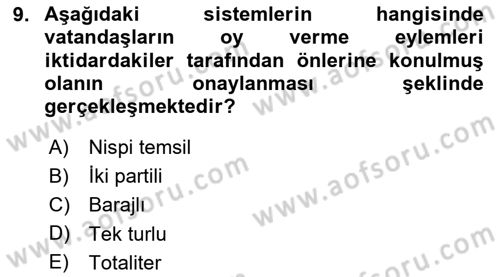 Siyaset Bilimi Dersi 2023 - 2024 Yılı Yaz Okulu Sınav Soruları 9. Soru