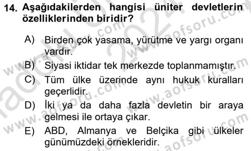 Siyaset Bilimi Dersi 2024 - 2025 Yılı (Vize) Ara Sınav Soruları 14. Soru