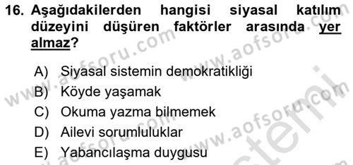 Siyaset Bilimi Dersi 2024 - 2025 Yılı (Vize) Ara Sınav Soruları 16. Soru