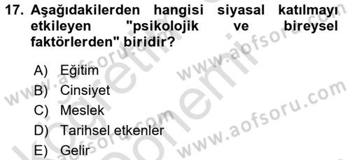 Siyaset Bilimi Dersi 2024 - 2025 Yılı (Vize) Ara Sınav Soruları 17. Soru