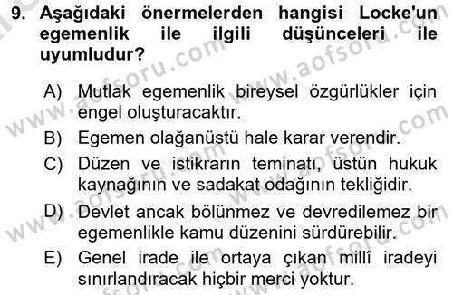 Siyaset Bilimi Dersi 2024 - 2025 Yılı (Vize) Ara Sınav Soruları 9. Soru