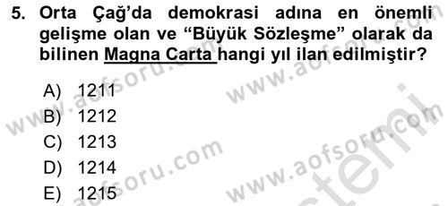 Siyaset Bilimi Dersi 2024 - 2025 Yılı (Final) Dönem Sonu Sınav Soruları 5. Soru