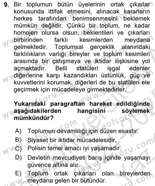 Siyaset Bilimi Dersi 2024 - 2025 Yılı Yaz Okulu Sınav Soruları 9. Soru