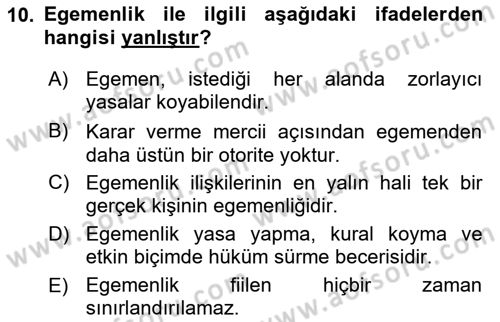 Siyaset Bilimi Dersi 2025 - 2026 Yılı (Vize) Ara Sınav Soruları 10. Soru