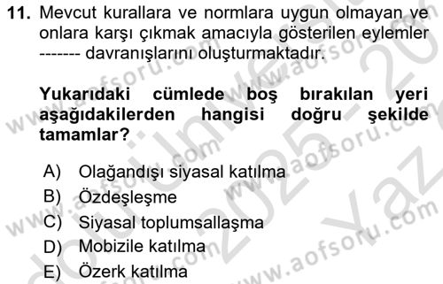 Siyaset Bilimi Dersi 2025 - 2026 Yılı Yaz Okulu Sınav Soruları 11. Soru