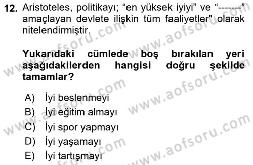 Siyaset Bilimi Dersi 2025 - 2026 Yılı Yaz Okulu Sınav Soruları 12. Soru
