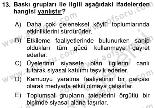 Siyaset Bilimi Dersi 2025 - 2026 Yılı Yaz Okulu Sınav Soruları 13. Soru