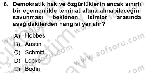 Siyaset Bilimi Dersi 2025 - 2026 Yılı Yaz Okulu Sınav Soruları 6. Soru