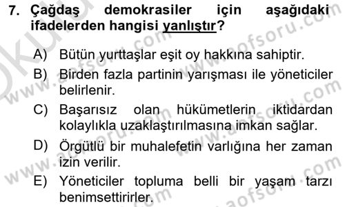 Siyaset Bilimi Dersi 2025 - 2026 Yılı Yaz Okulu Sınav Soruları 7. Soru