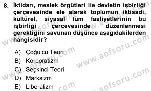 Siyaset Bilimi Dersi 2025 - 2026 Yılı Yaz Okulu Sınav Soruları 8. Soru