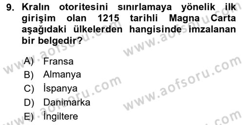 Siyaset Bilimi Dersi 2025 - 2026 Yılı Yaz Okulu Sınav Soruları 9. Soru