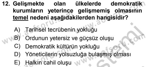 Gelişmekte Olan Ülkelerde Siyaset Dersi 2016 - 2017 Yılı (Vize) Ara Sınav Soruları 12. Soru