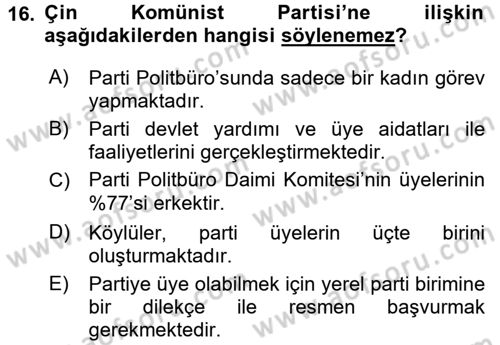 Gelişmekte Olan Ülkelerde Siyaset Dersi 2017 - 2018 Yılı (Final) Dönem Sonu Sınav Soruları 16. Soru