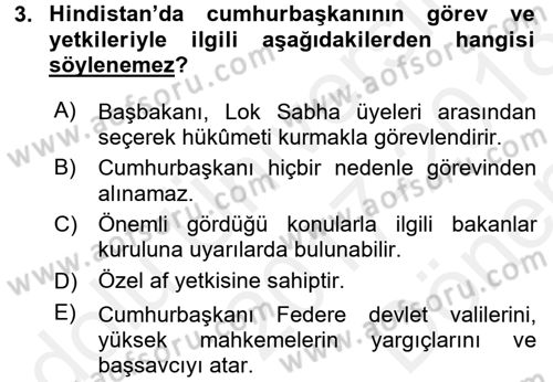Gelişmekte Olan Ülkelerde Siyaset Dersi 2017 - 2018 Yılı (Final) Dönem Sonu Sınav Soruları 3. Soru
