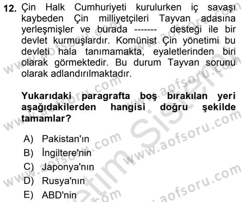 Gelişmekte Olan Ülkelerde Siyaset Dersi 2018 - 2019 Yılı 3 Ders Sınav Soruları 12. Soru