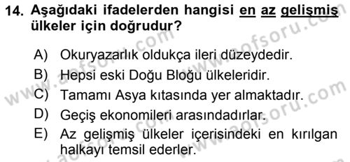 Gelişmekte Olan Ülkelerde Siyaset Dersi 2018 - 2019 Yılı (Vize) Ara Sınav Soruları 14. Soru