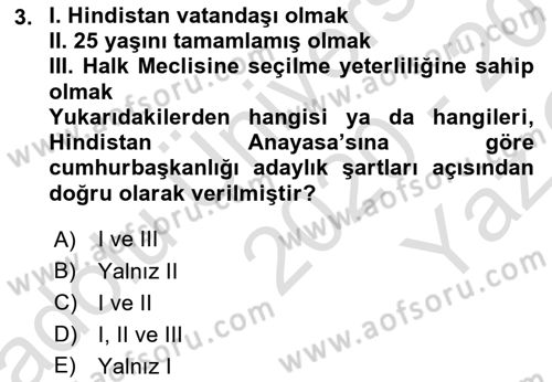 Gelişmekte Olan Ülkelerde Siyaset Dersi 2020 - 2021 Yılı Yaz Okulu Sınav Soruları 3. Soru
