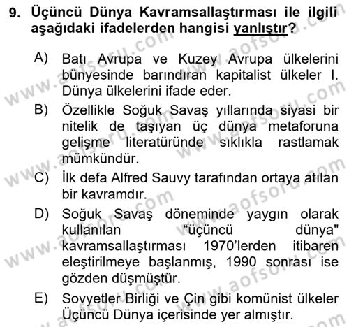Gelişmekte Olan Ülkelerde Siyaset Dersi 2020 - 2021 Yılı Yaz Okulu Sınav Soruları 9. Soru