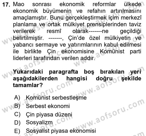 Gelişmekte Olan Ülkelerde Siyaset Dersi 2021 - 2022 Yılı (Final) Dönem Sonu Sınav Soruları 17. Soru