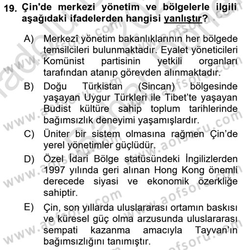 Gelişmekte Olan Ülkelerde Siyaset Dersi 2021 - 2022 Yılı (Final) Dönem Sonu Sınav Soruları 19. Soru