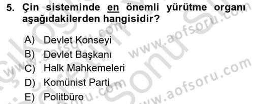 Gelişmekte Olan Ülkelerde Siyaset Dersi 2021 - 2022 Yılı (Final) Dönem Sonu Sınav Soruları 5. Soru